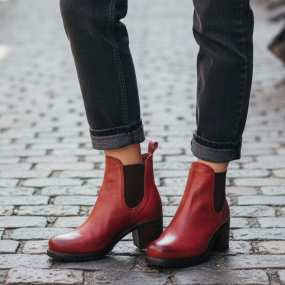 Frye Sabrina Chelsea Burnt Red Genuine Leather Retro Pull On Moto Ankle Booties